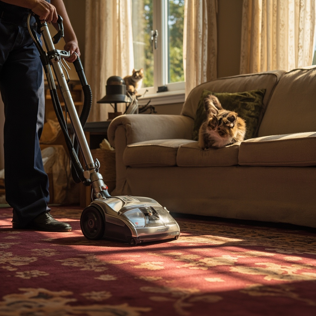 Technicians cleaning carpet in a bright home