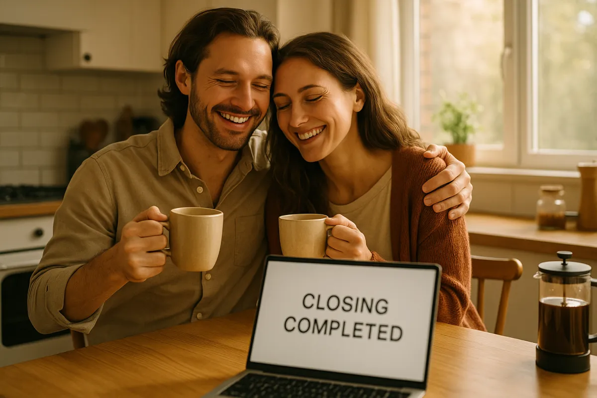 Resort office desk with smiling agent handing a folder to a seller, representing accelerated escrow closings.