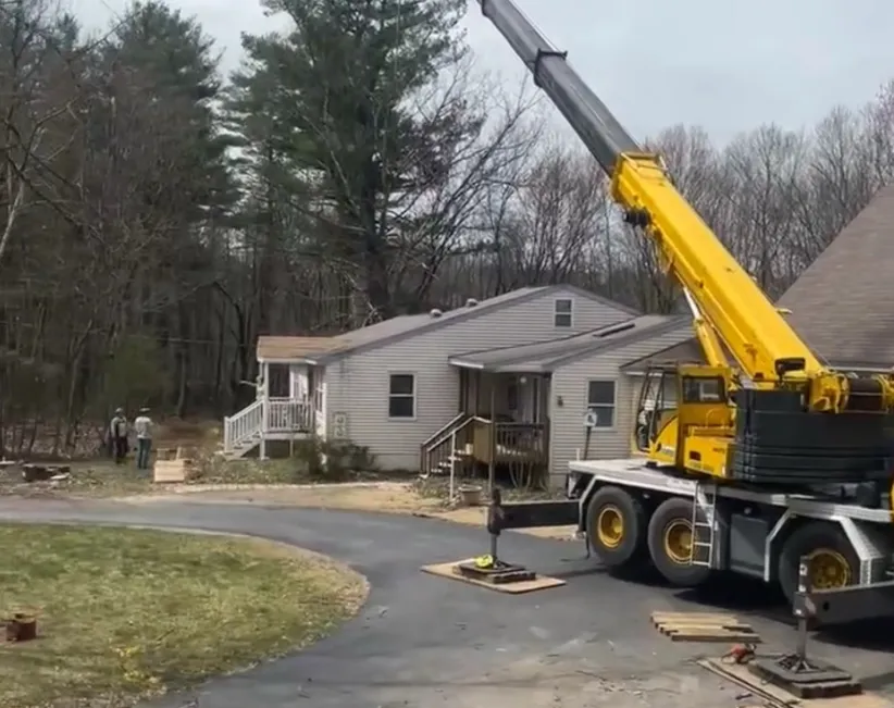 Crane lifting a tree section during removal