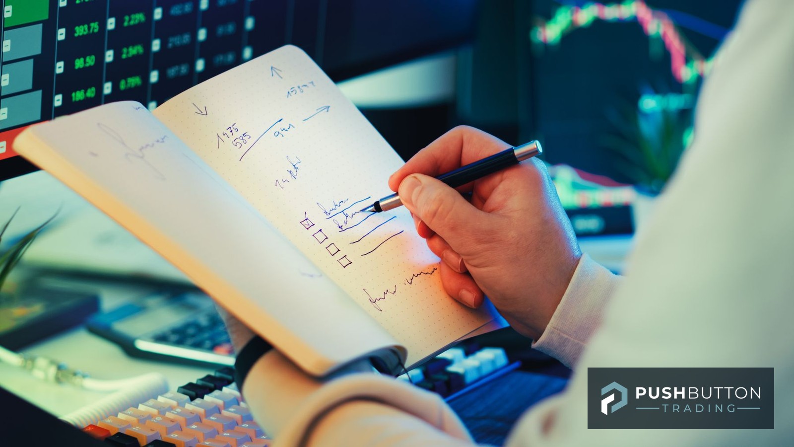 Futures trader writing evaluation rules and a checklist in a notebook beside live market charts