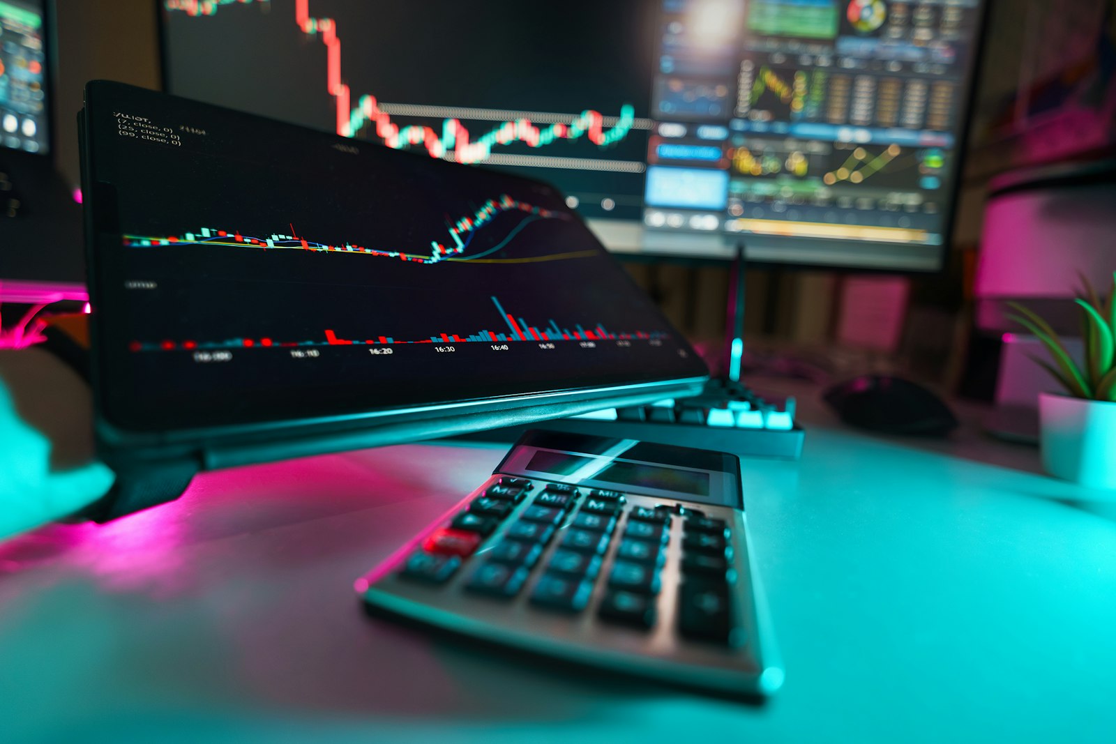 Trading desk with candlestick charts on screens and a calculator