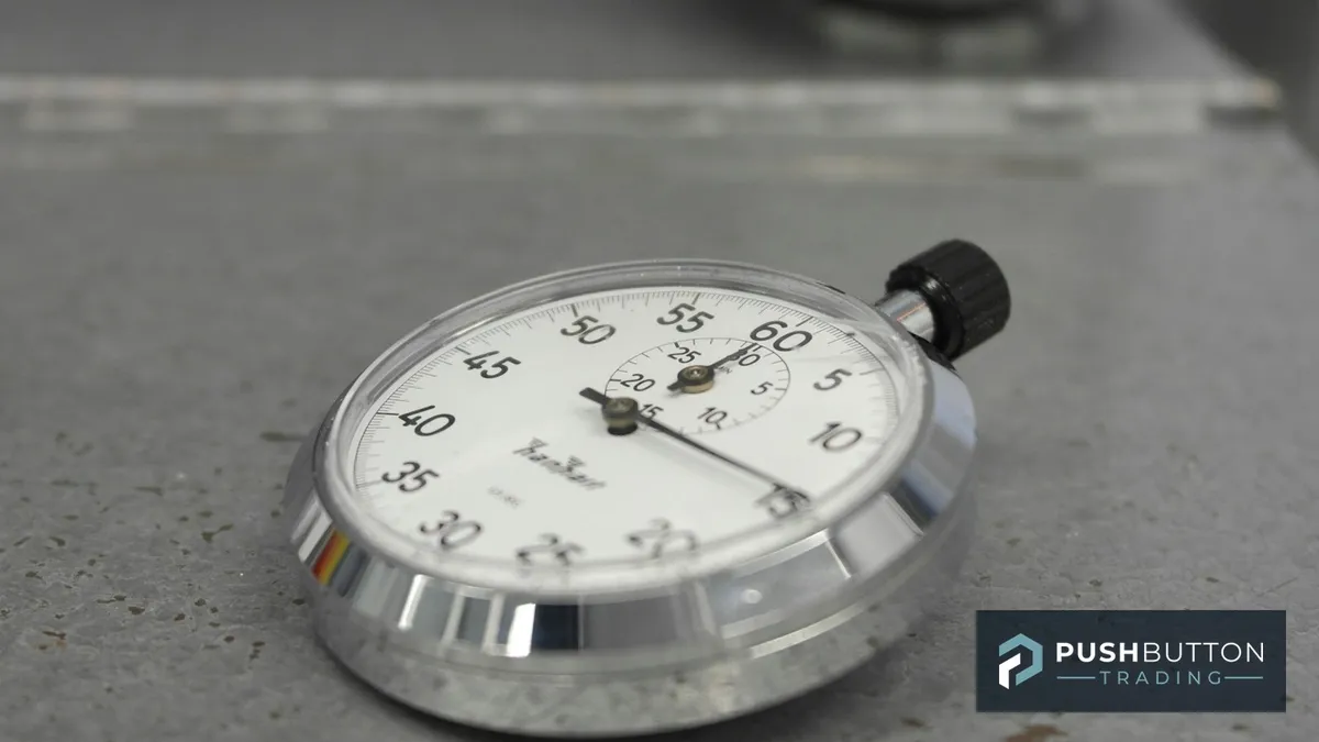 Analog stopwatch on a metal surface — the 30-day evaluation clock