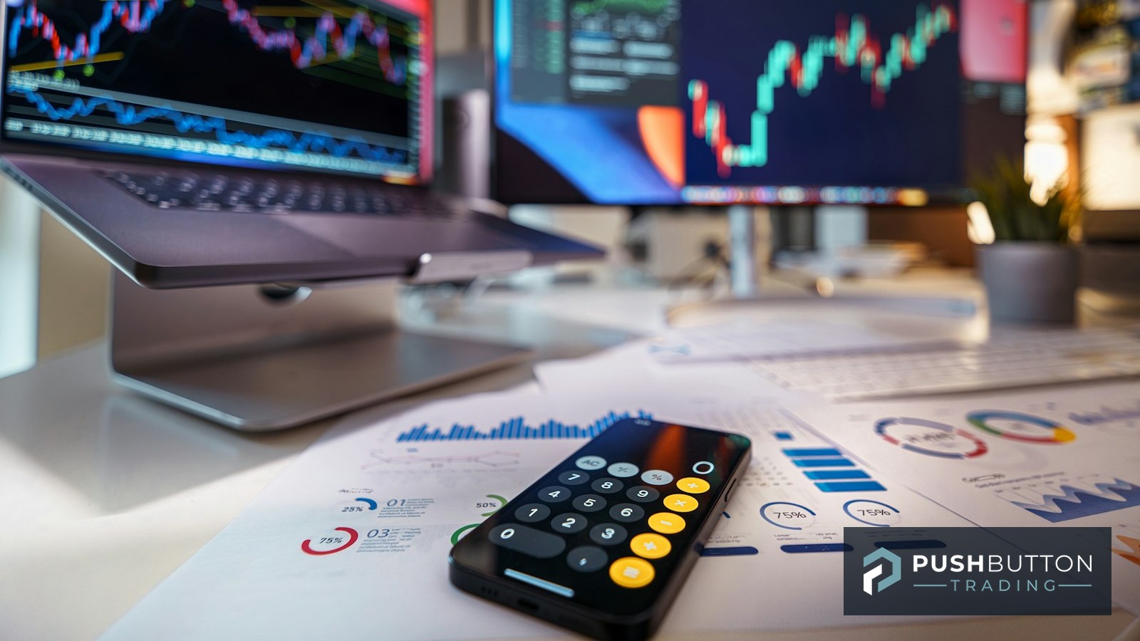 Multi-monitor trading desk with candlestick charts on a laptop and external monitor, Push Button Trading logo overlay