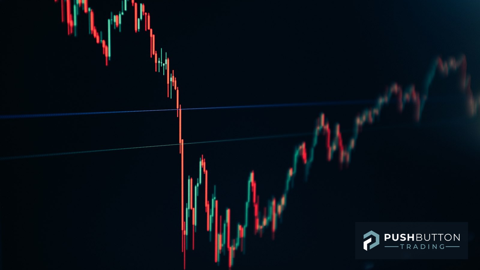Dark-screen candlestick chart showing a sharp reversal move, Push Button Trading logo overlay