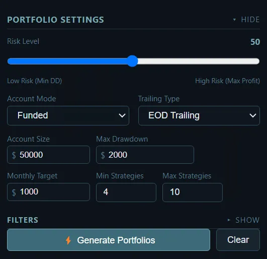 bot portfolio builder settings
