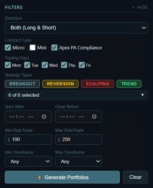bot portfolio builder filters