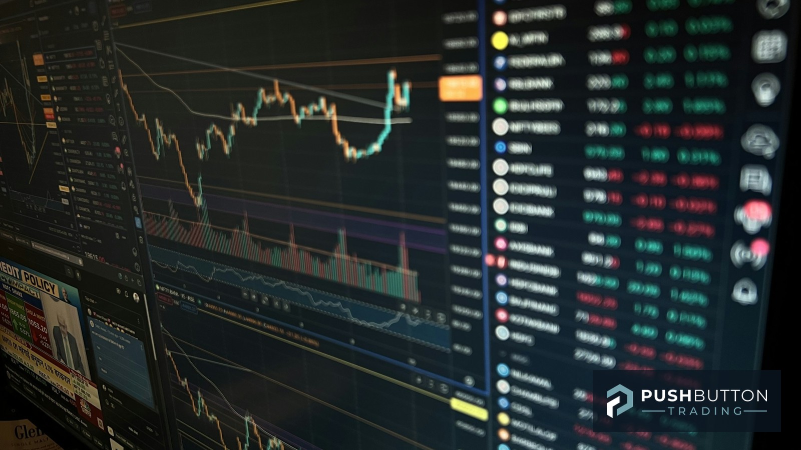 Multi-monitor trading desk displaying candlestick charts and a market watchlist, Push Button Trading