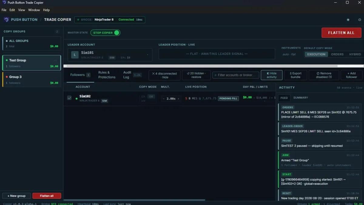 Trade Copier mirroring bot trades across funded prop and cash accounts