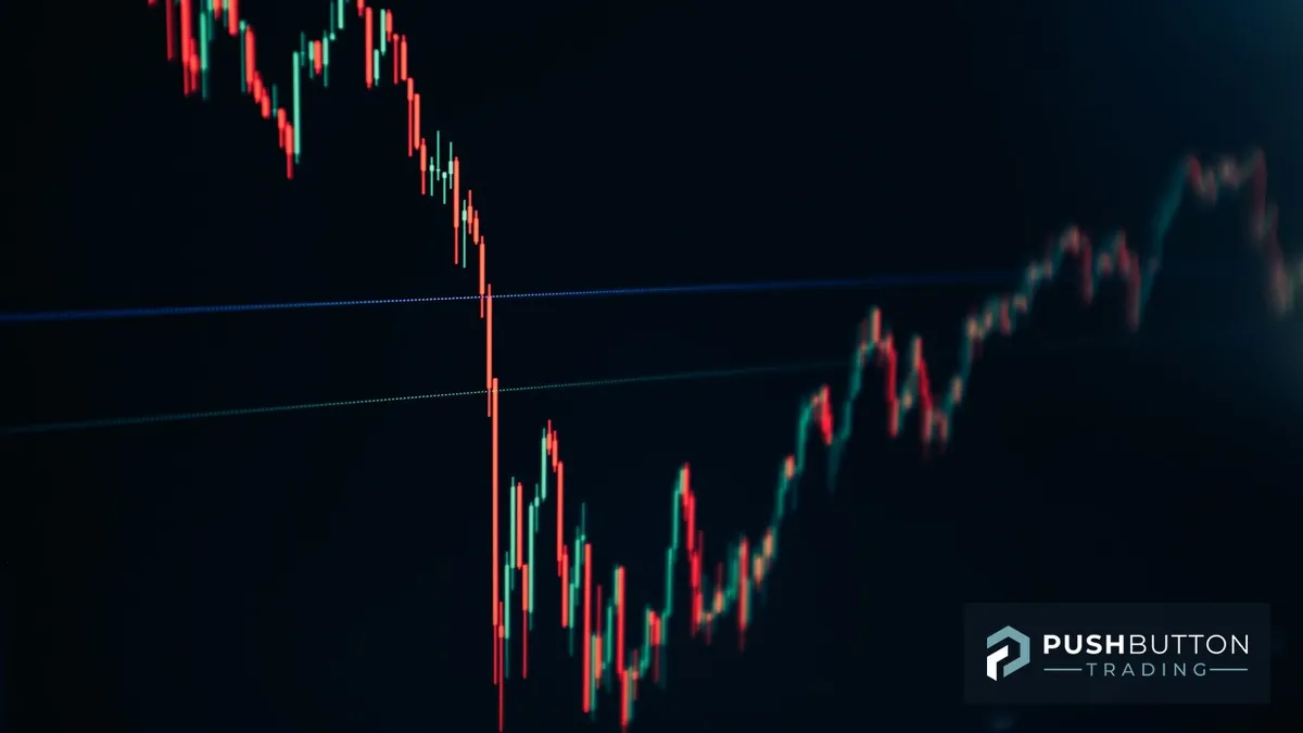 Candlestick futures chart on a dark trading screen with two thin bracket lines crossing it, Push Button Trading logo overlay in the corner
