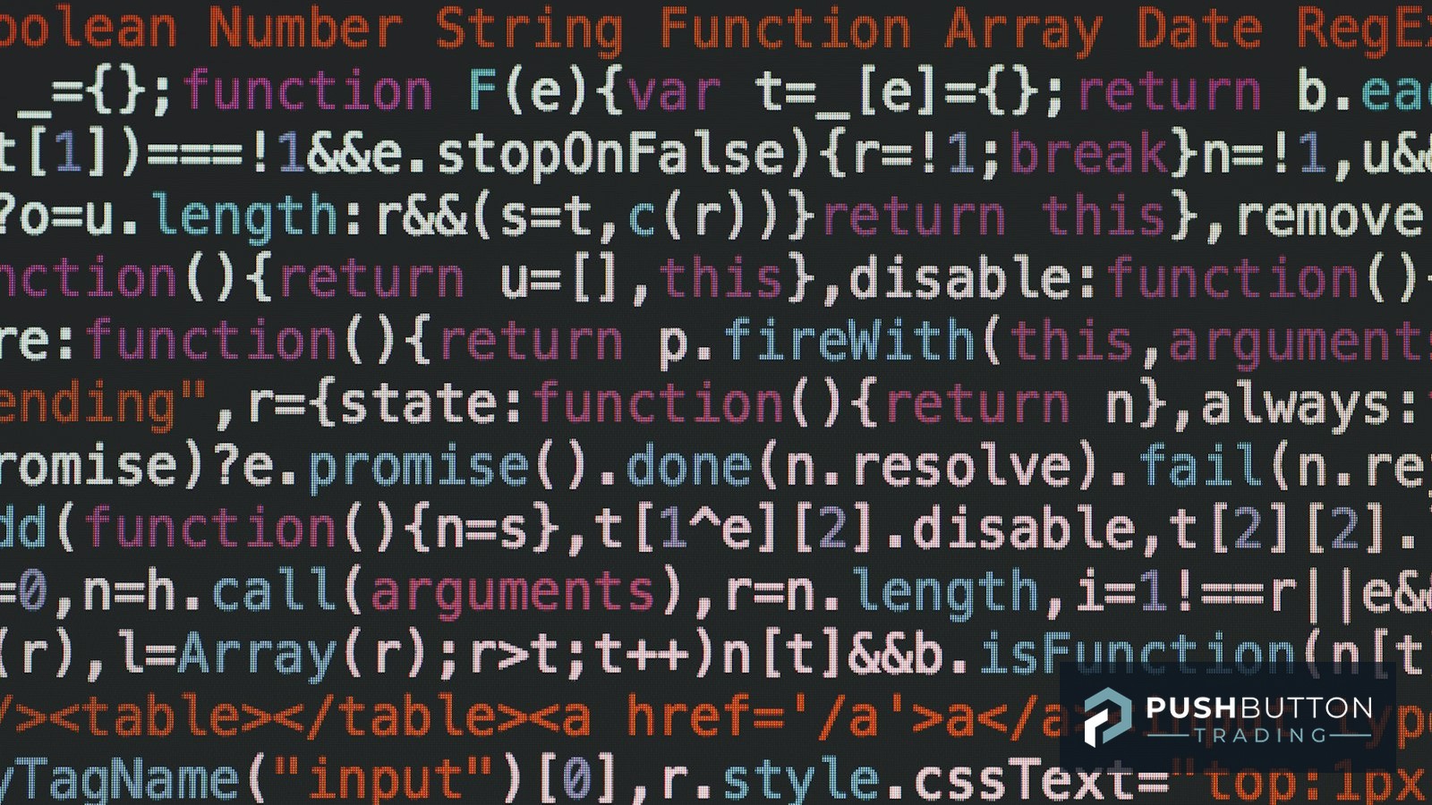 Colorful JavaScript code on a dark screen, representing the automated logic behind an algo trading bot