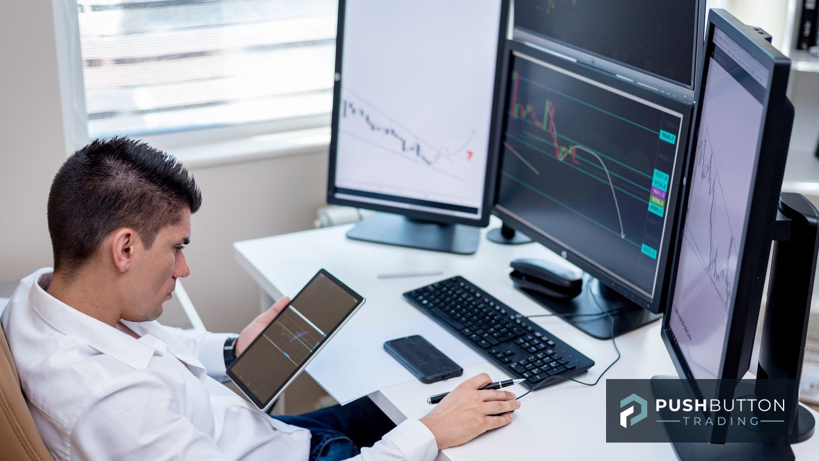 Futures trader reviewing charts on a multi-monitor desk while following a fixed daily routine