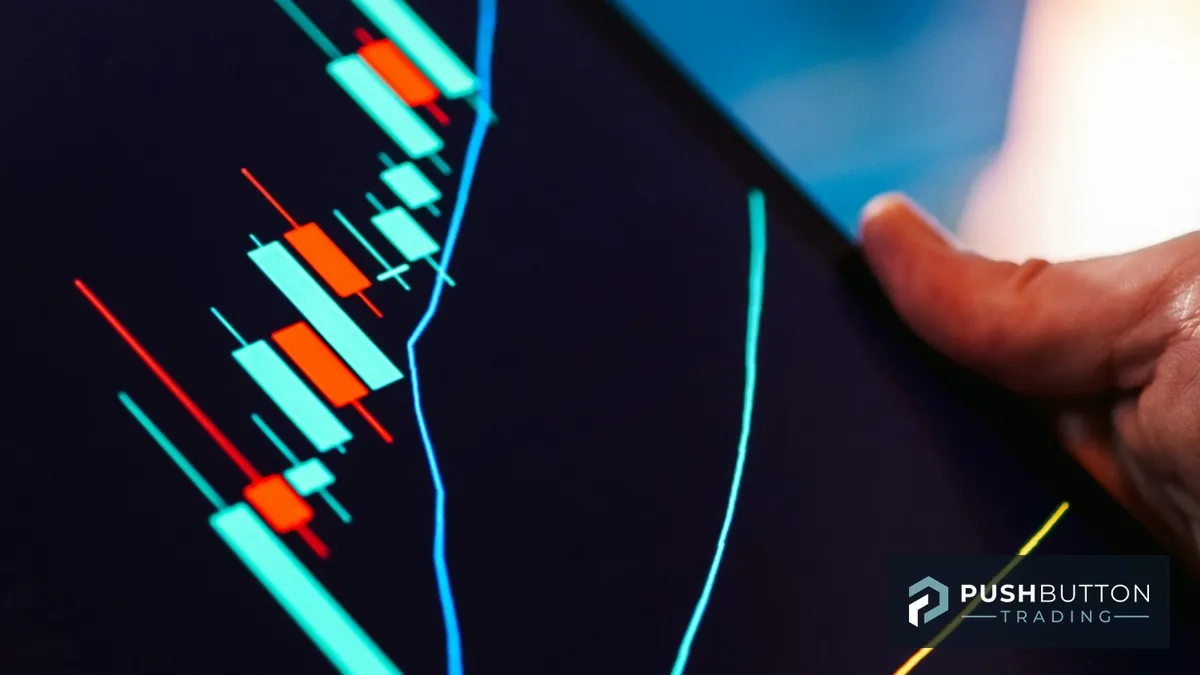 Trader reviewing a candlestick chart on a tablet, Push Button Trading logo overlay