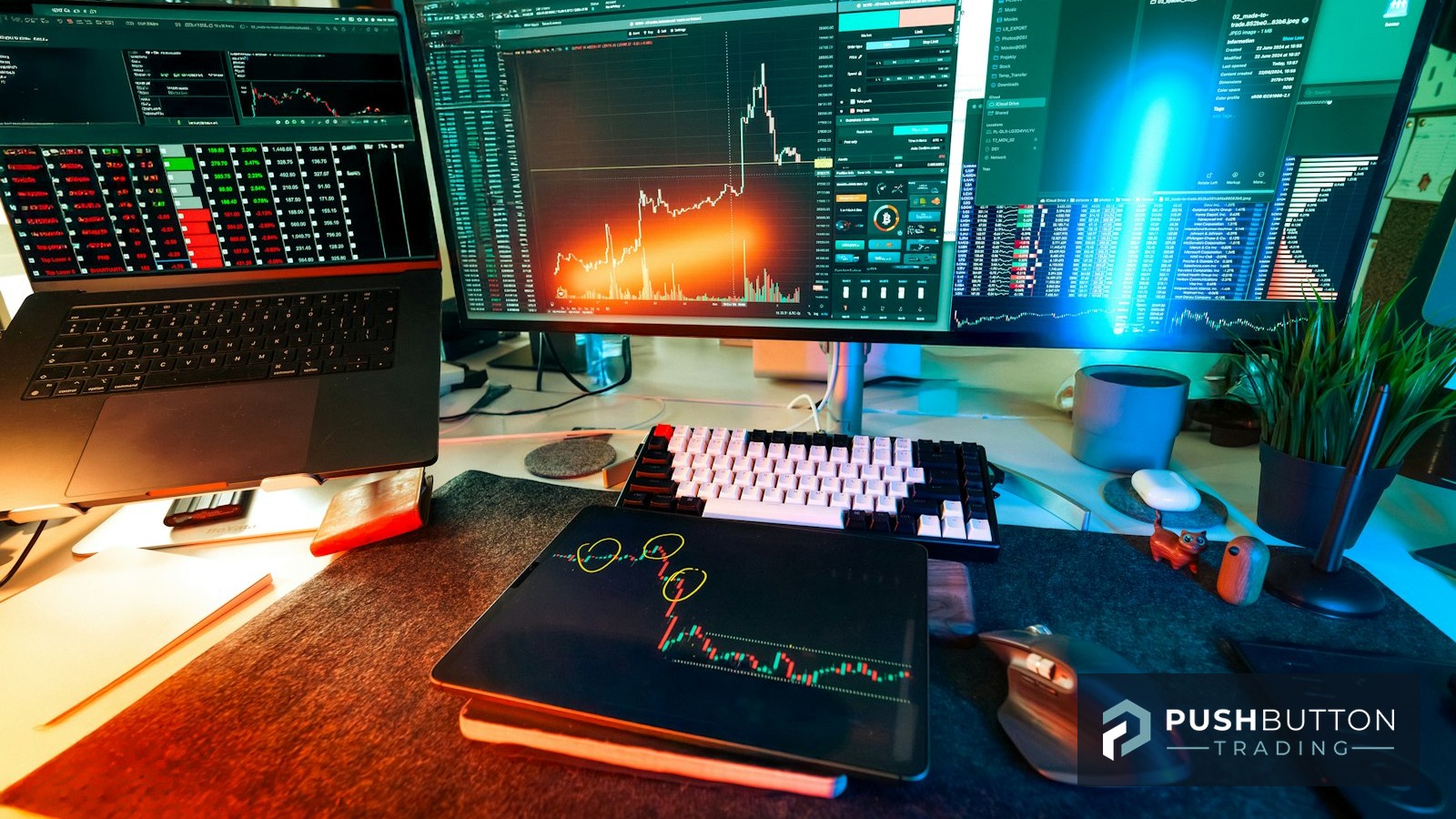 Multi-monitor NinjaTrader desk with candlestick charts running, Push Button Trading logo overlay