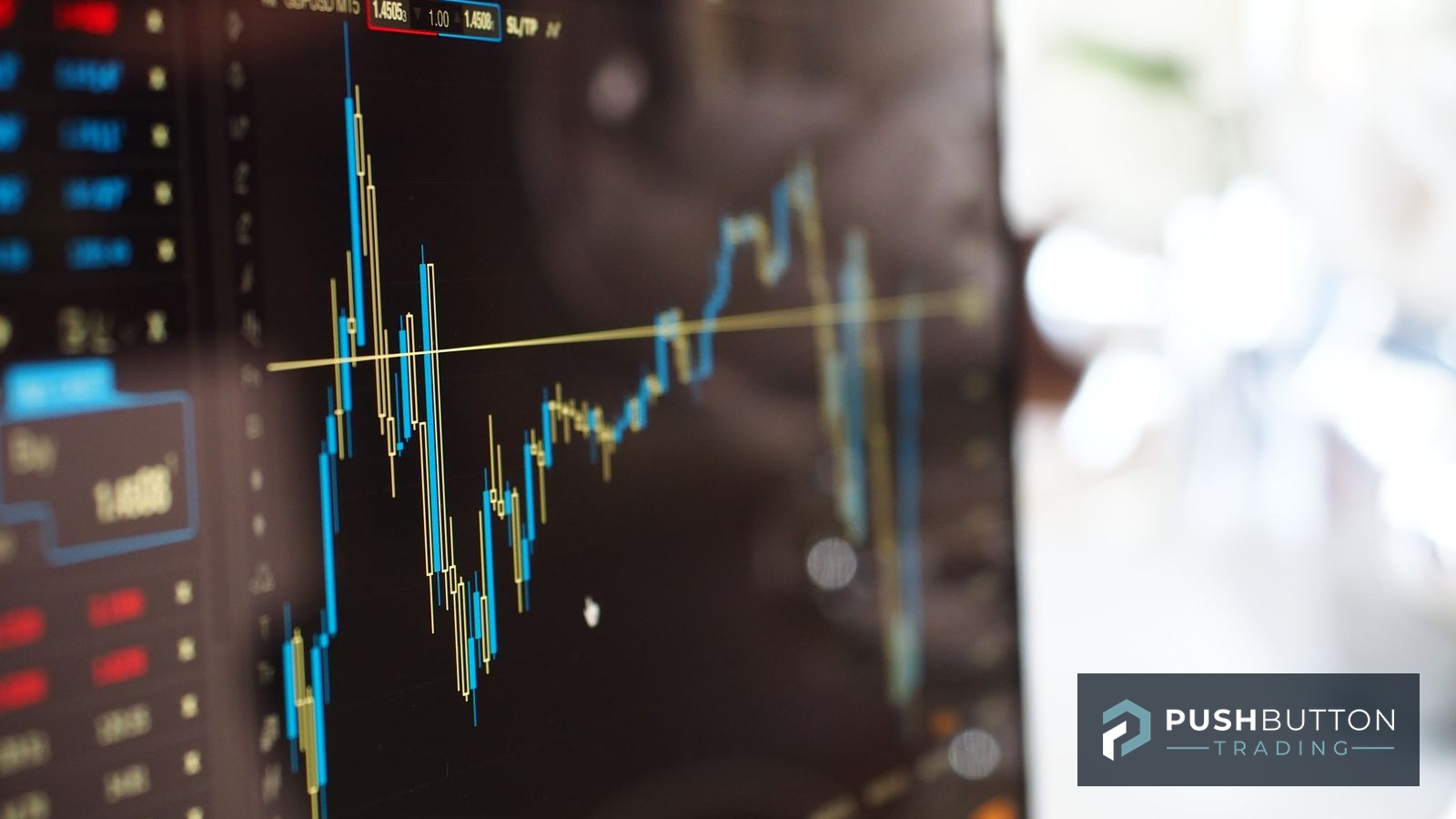 Trading platform interface showing instrument tabs, an order entry panel with bid and ask, and a candlestick chart