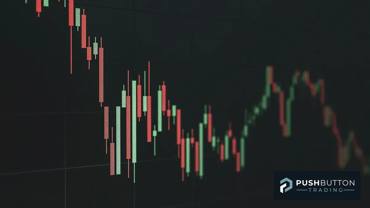 Candlestick trading chart on a dark screen showing a sharp dip followed by recovery, Push Button Trading logo bottom right