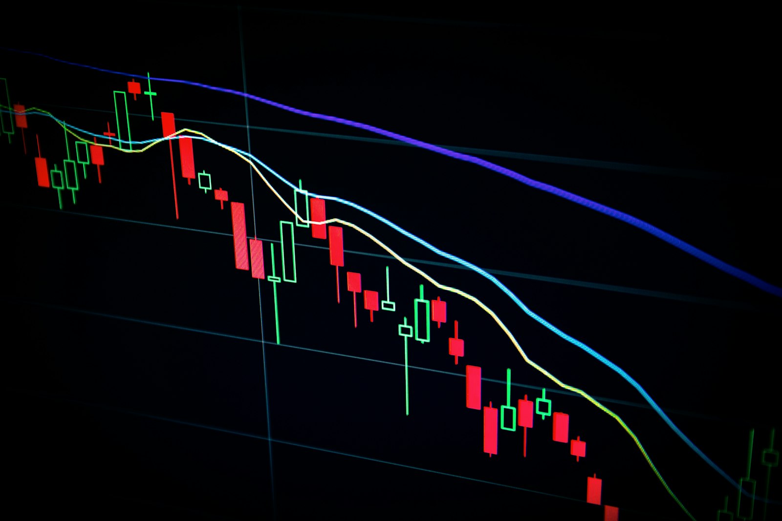 Candlestick trading chart on a dark screen showing a declining trend