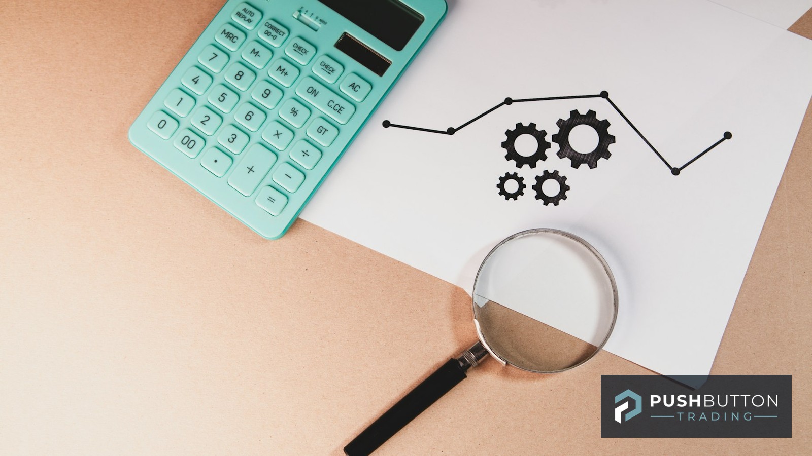 Calculator, magnifying glass, and a declining-then-recovering line chart with gear icons on a desk, representing diagnosing and retuning an automated trading strategy, with the Push Button Trading logo.
