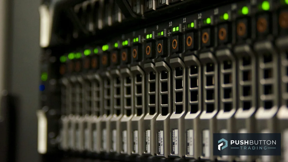 Server rack with glowing green status lights, representing 24/7 VPS hosting for NinjaTrader bots
