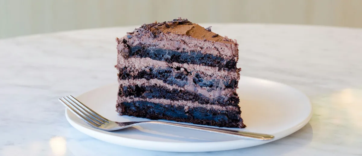A slice of layered chocolate cake on a white plate.