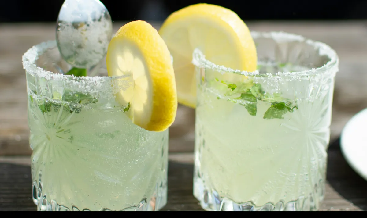 Two pale green drinks in short glasses with lemon slices and mint.