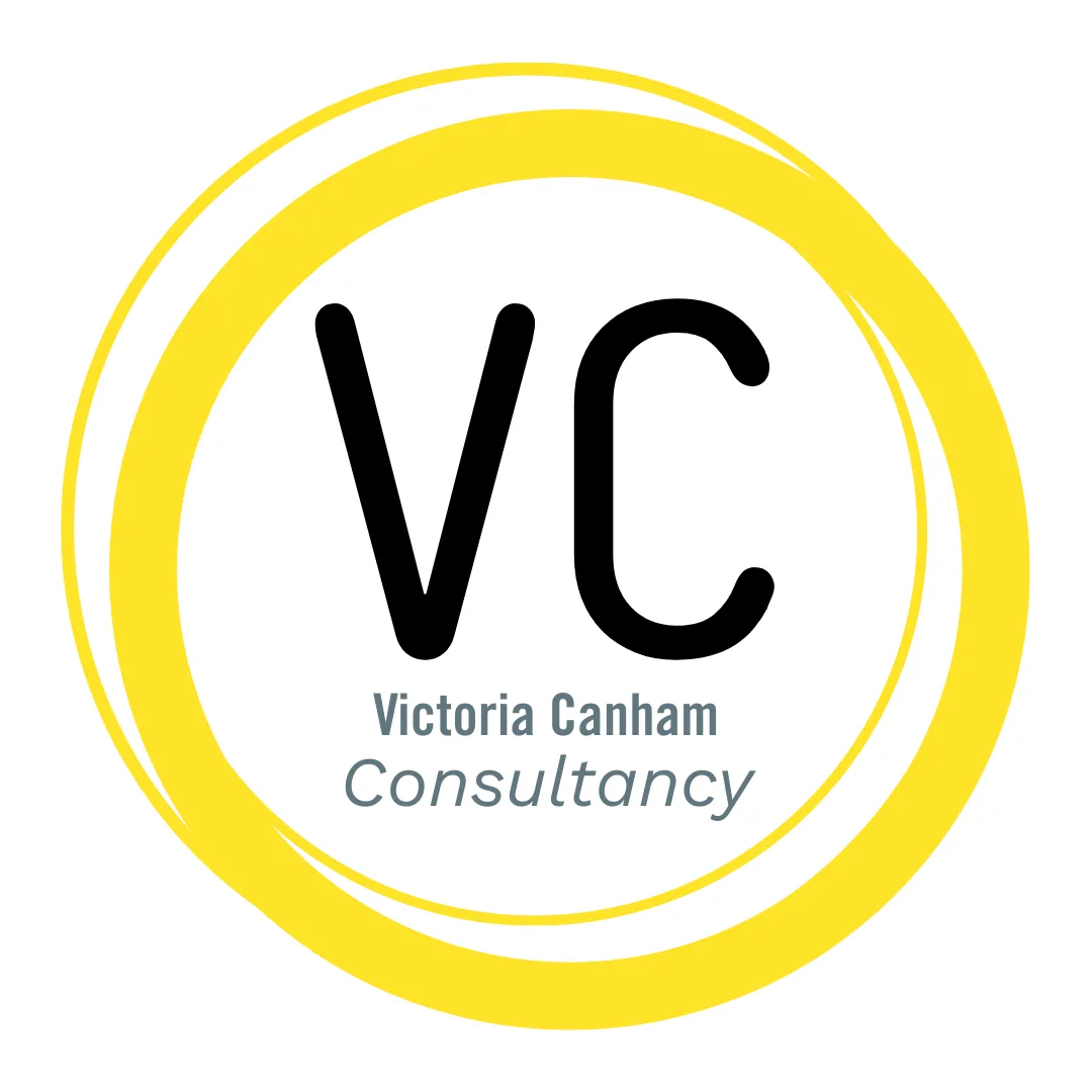 Victoria Canham Consultancy Logo | Three yellow roundels with VC Victoria Canham Consultancy written in the centre