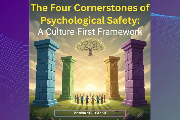 Victoria Canham Consultancy |  A vibrant, abstract illustration depicting four interconnected pillars or 'cornerstones' rising from a solid foundation, symbolising a robust framework. Each cornerstone has a unique colour and subtle texture, suggesting interconnected yet distinct elements. The background is a soft, inviting gradient. The overall image conveys strength, support, and a structured approach to building something foundational.