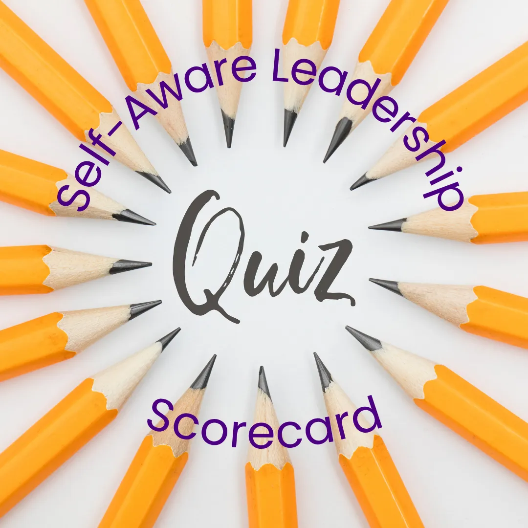 Victoria Canham Consultancy |  Yellow pencils arranged in a circle pointing to the central words 'Quiz'. The surrounding text reads 'Self-Aware Leadership' and 'Scorecard'.