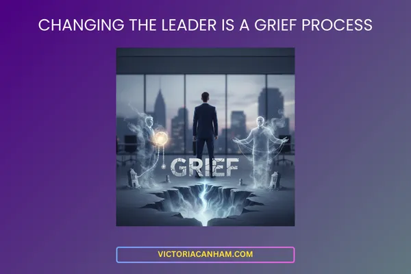 Victoria Canham Consultancy | A conceptual image showing a senior leader standing before a city skyline, flanked by ethereal representations of past identities, symbolising the grief process of leadership transformation and identity evolution.