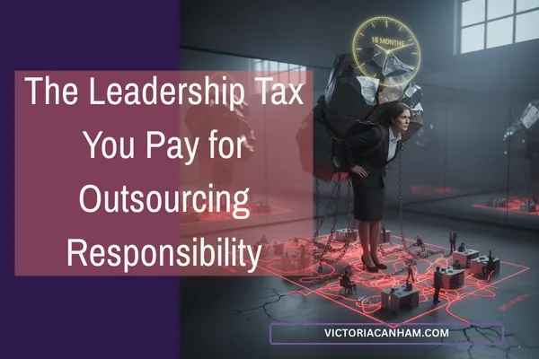 Victoria Canham Consultancy | A professional woman in a suit carrying a massive, jagged boulder on her back while standing in a room of mirrors. A glowing yellow clock floating above the rock displays '18 MONTHS'. On the floor beneath her, a miniature office layout with tiny employees is connected to her by a tangled web of glowing red lines, symbolising the hidden weight and systemic friction of unexamined leadership patterns.