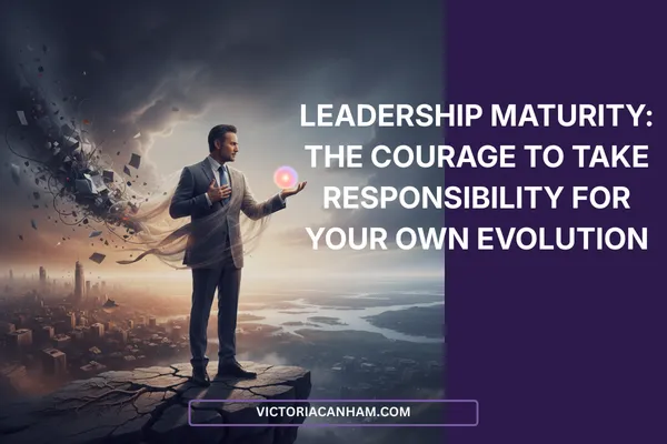 Victoria Canham Consultancy | A cinematic illustration of a mature male leader in a grey suit, aged 45-55, standing on a cracked stone precipice overlooking a vast city at dawn. Swirling fragments of papers and dark patterns emerge from behind him, representing past habits, while he gazes at a glowing, ethereal compass floating just above his open palm. The text above him reads "Leadership Maturity: The Courage to Take Responsibility for Your Own Evolution."