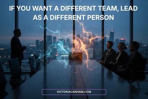 Victoria Canham Consultancy | A minimalist, modern executive boardroom with floor-to-ceiling windows overlooking a soft-focus city at dusk. On the left, a solitary leader stands in sharp silhouette, looking out. On the right, a team sits at a sleek table. The air between them is filled with a subtle, artistic visual metaphor of 'climate': soft, swirling gradients of calm blue transitioning into sparks of high-tension amber light, representing the emotional wake of the leader.