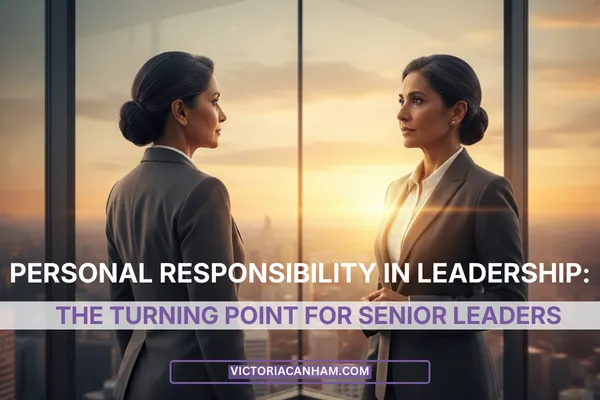 Victoria Canham Consultancy | Two professionally dressed women in grey suits stand in a high-rise corner office, facing one another as if one is a reflection of the other. They are set against a floor-to-ceiling window overlooking a city skyline at sunset. Large overlay text reads "PERSONAL RESPONSIBILITY IN LEADERSHIP: THE TURNING POINT FOR SENIOR LEADERS," with the website victoriacanham.com displayed at the bottom.