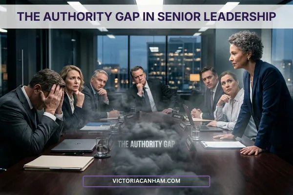 Victoria Canham Consultancy | A senior executive team in a boardroom showing the "Authority Gap" through a physical mist between a stressed leader and a calm, decisive leader.