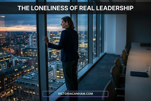 Victoria Canham Consultancy | This atmospheric image captures the solitary weight of executive responsibility you described. A leader stands alone in a high-rise boardroom, looking out over the city at twilight, with an empty table at her back—perfectly illustrating the concept that as you rise, the room gets quieter and the view gets lonelier.