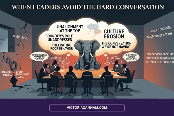Victoria Canham Consultancy | An illustration of a leadership team meeting with a large elephant in the room, symbolising unaddressed organisational issues like culture erosion and misalignment.