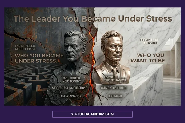 Victoria Canham Consultancy | This atmospheric image captures the solitary weight of executive responsibility you described. A leader stands alone in a high-rise boardroom, looking out over the city at twilight, with an empty table at her back—perfectly illustrating the concept that as you rise, the room gets quieter and the view gets lonelier.