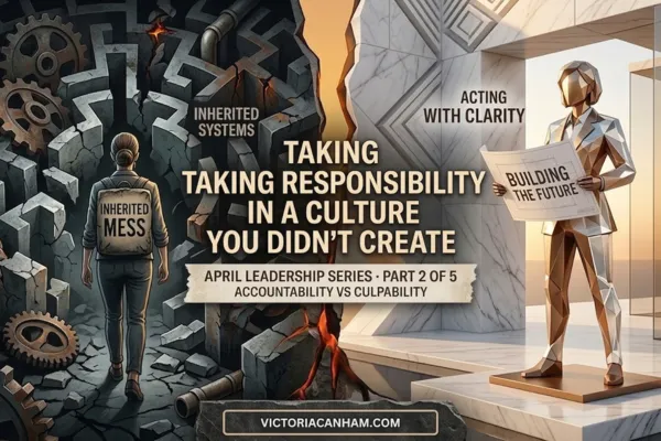 Victoria Canham Consultancy |A conceptual illustration split by a dramatic, glowing magma crack into two panels, visualizing different leadership challenges. The left panel shows a woman with a backpack labeled "INHERITED MESS" approaching a complex, dark stone maze and gears, labeled "INHERITED SYSTEMS." The right panel features a female figure composed of light blue geometric facets, standing in a brightly lit modern office with sunrise views, holding a rolled blueprint labeled "BUILDING THE FUTURE." Text points to her, saying "ACTING WITH CLARITY." Overlaid across the top-center are stacked stone plaques reading "APRIL LEADERSHIP SERIES • PART 2 OF 5" and "ACCOUNTABILITY VS CULPABILITY," with bold, centered title text below: "TAKING TAKING RESPONSIBILITY IN A CULTURE YOU DIDN'T CREATE." A black and gold border at the bottom includes the website "VICTORIACANHAM.COM" and a diamond icon.