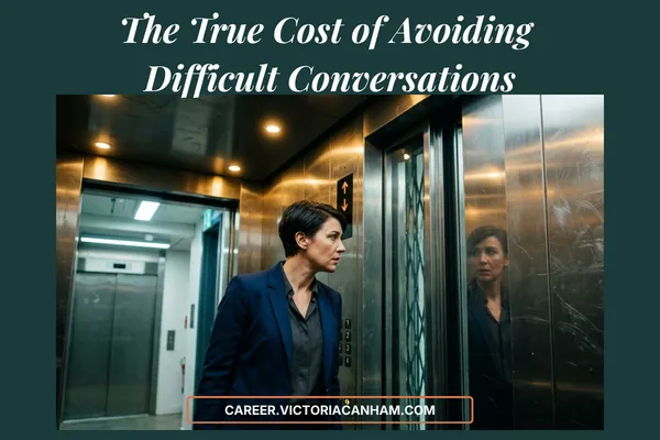 A woman with short dark hair in a business suit stands in a metal elevator, looking intently at her reflection in the glossy surface of the closed door.