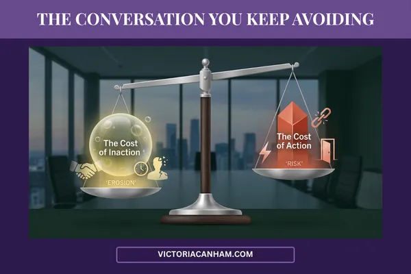 Victoria Canham Consultancy | A classic balance scale sits on a dark wooden desk in a modern high-rise office at dusk, overlooking a city skyline. On the left scale sits a glowing yellow bubble with icons representing time, relationships, and self-trust. Small text inside it reads, 'The Cost of Inaction.' Underneath the bubble is the text 'EROSION.' The right scale, visibly lighter and elevated, holds a red obelisk with a lightning bolt, a broken chain, and an open door. Small text within it reads, 'The Cost of Action.' Underneath the obelisk is the text 'RISK.'