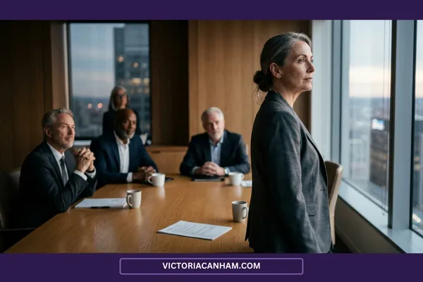 Victoria Canham Consultancy |A conceptual illustration split by a dramatic, glowing magma crack into two panels, visualizing different leadership challenges. The left panel shows a woman with a backpack labeled "INHERITED MESS" approaching a complex, dark stone maze and gears, labeled "INHERITED SYSTEMS."  The right panel features a female figure composed of light blue geometric facets, standing in a brightly lit modern office with sunrise views, holding a rolled blueprint labeled "BUILDING THE FUTURE." Text points to her, saying "ACTING WITH CLARITY."  Overlaid across the top-center are stacked stone plaques reading "APRIL LEADERSHIP SERIES • PART 2 OF 5" and "ACCOUNTABILITY VS CULPABILITY," with bold, centered title text below: "TAKING TAKING RESPONSIBILITY IN A CULTURE YOU DIDN'T CREATE." A black and gold border at the bottom includes the website "VICTORIACANHAM.COM" and a diamond icon.