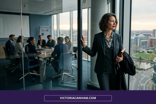 Victoria Canham Consultancy | A candid photograph in a high-rise office focuses on a senior woman leader standing by a glass wall that separates her from a large, occupied boardroom. She is looking away from the meeting and towards the expansive city skyline outside, deep in thought. She holds her keys and a notebook, implying she is leaving the space. The boardroom contains several other professionals seated around a table, blurred slightly, representing the team and the organisation continuing. Her expression is thoughtful and determined, conveying a moment of significant personal and professional reflection.