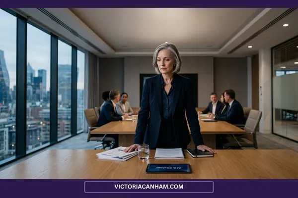 Victoria Canham Consultancy | A senior female leader in a London boardroom looking at a tablet displaying AI & Strategy, illustrating the challenges of executive leadership and AI uncertainty.