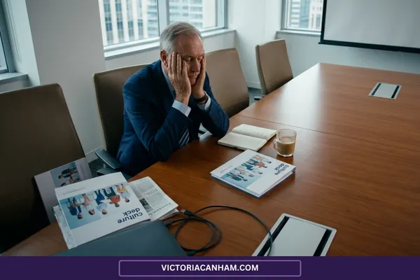 Victoria Canham Consultancy | A photo capturing the silent contrast between abstract values and leadership reality. A senior executive sits alone in a boardroom on a quiet Monday morning, looking visibly exhausted and stressed, with his face in his hands. Resting on the chair beside him is a sleek, published "culture deck," which features a dynamic cover with people collaborating. The physical deck is ignored and half-hidden by a coffee cup and documents, emphasizing the functional and energetic separation between the polished corporate vision and the leader's actual capacity to implement it in real-time.