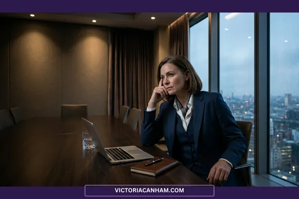 Victoria Canham Consultancy | Alt Text: A professional woman aged 40-45 in a tailored navy business suit, sitting thoughtfully in an empty executive boardroom at dusk. She is looking out of a large window overlooking a rainy city skyline, with a laptop, open notebook, and pen on the dark wood table in front of her, capturing a moment of deep reflection on leadership fatigue.