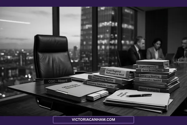 Victoria Canham Consultancy | A striking black-and-white photograph of a modern, high-rise executive boardroom at dusk, overlooking a city skyline. In the foreground, an empty leather executive chair sits behind a desk featuring a small nameplate that reads "COO - Absent." On the desk, a single thin folder labelled "Official Role Description" is dwarfed by towering stacks of heavy grey files. Each file is clearly labelled with systemic organizational burdens, including "Delayed Hiring Pipeline," "Cross-Regional Performance Issue," "Unblocking Stakeholder Conflict," "Urgent Alignment," and "Absorb Ambiguity." In the softly blurred background, three corporate executives sit further down the long wooden boardroom table, deeply engaged in a meeting, unaware of the accumulating workload left at the empty station.