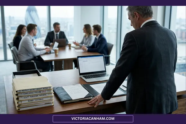 Victoria Canham Consultancy | An over-the-shoulder view of a senior executive male leader standing at a wooden desk in a modern, high-rise corner office overlooking a city skyline. On his desk is a laptop and a neat stack of manila folders with labels like "Compliance Failure" and "Board Concerns." In the background, visible through glass partitioning, a group of colleagues are engaged in a meeting around a boardroom table. The focus is on the executive in the foreground, capturing a moment of heavy responsibility and quiet reflection.