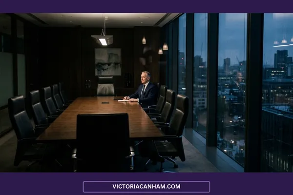Victoria Canham Consultancy | A long boardroom table, empty chairs, one seat at the head occupied. The rest of the room reflected in the window — blurred, slightly distorted. Minimal, dark, considered.