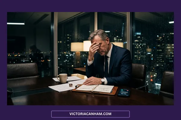 Victoria Canham Consultancy | An executive in a dark blue suit sits at a large boardroom table late at night, with one hand covering his face in exhaustion. In front of him are open documents, a leather planner, a coffee mug, and a smartphone displaying a late time. Large windows behind him reveal a rainy night view of a glowing city skyline.