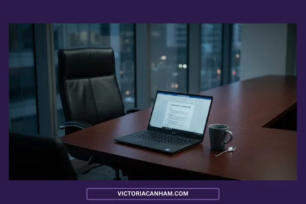 Victoria Canham Consultancy | A dimly lit, modern corporate boardroom at dusk. An empty black leather executive chair sits at the head of a dark wood conference table. In front of the chair, an open laptop displays a curriculum vitae (CV) document on its glowing screen. Next to the laptop rests a single ceramic mug and a silver spoon. Large floor-to-ceiling windows in the background look out onto towering city office buildings with scattered window lights.