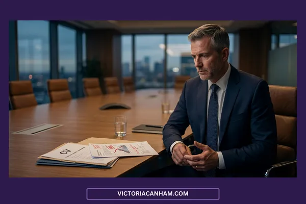Victoria Canham Consultancy | A worried senior businessman sits at the head of a long boardroom table at dusk. He wears a navy suit and a patterned blue tie, looking down thoughtfully with clasped hands. In the foreground on the wooden table lies an open folder containing a CV and a printed chart marked with a red line. The background features floor-to-ceiling windows showing a blurred city skyline.